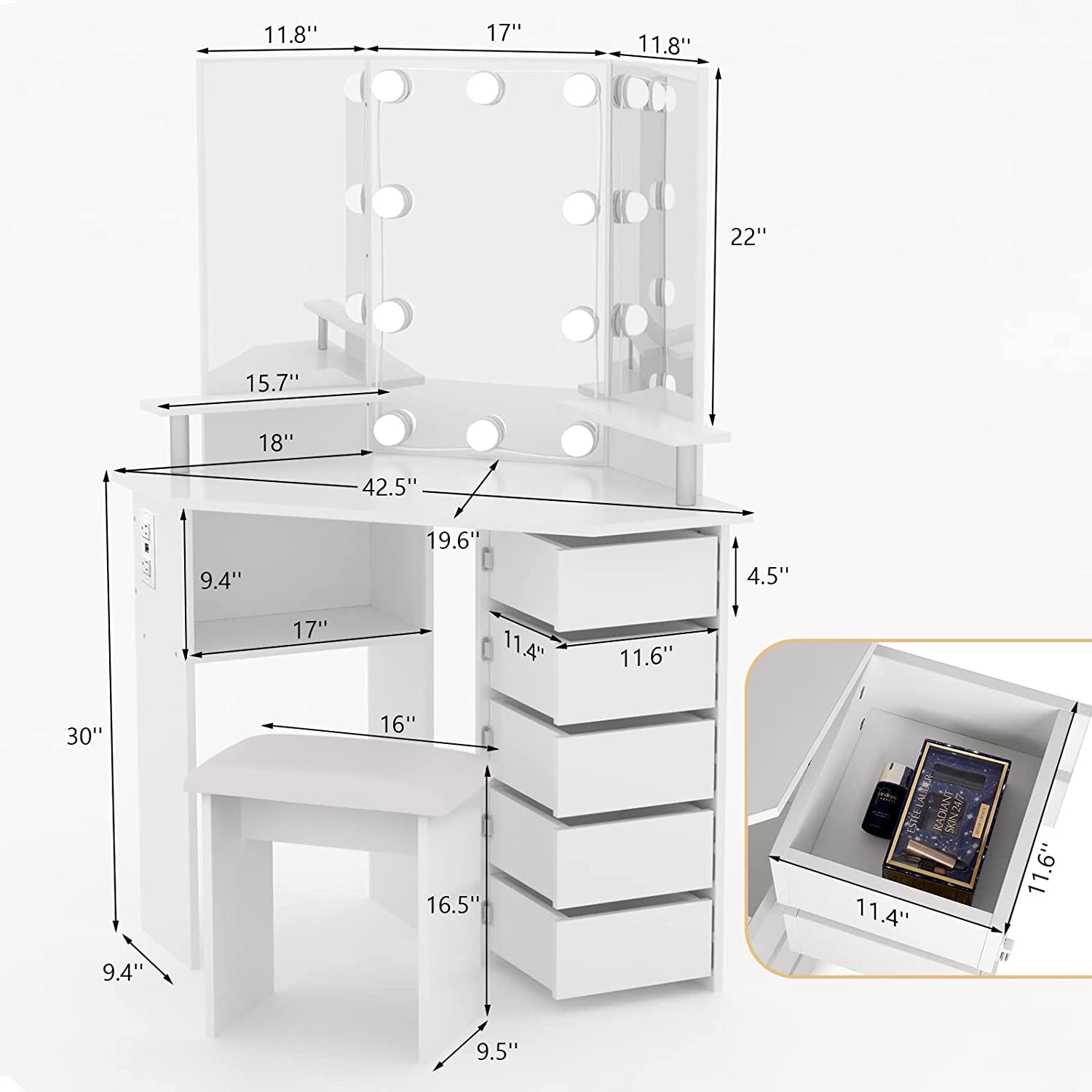 Corner Vanity Desk with Lights and Drawers-2