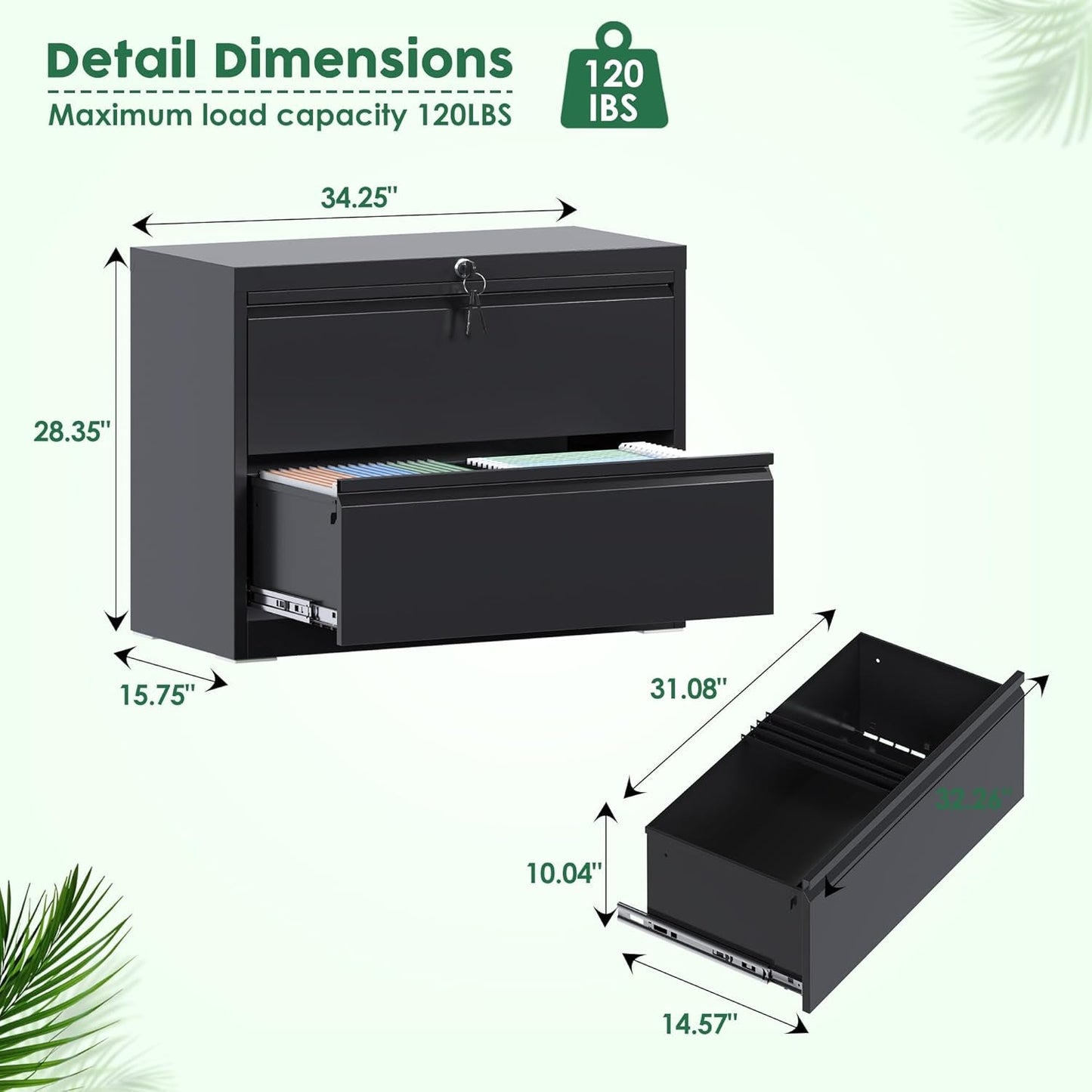 Metal 2 Drawer Lateral File Cabinet with Lock, Large Deep Drawer with Adjustable File Bars for Office,Home, 34.25 Inches Wide for Letter/Legal Size, Black, Assembly Required-2