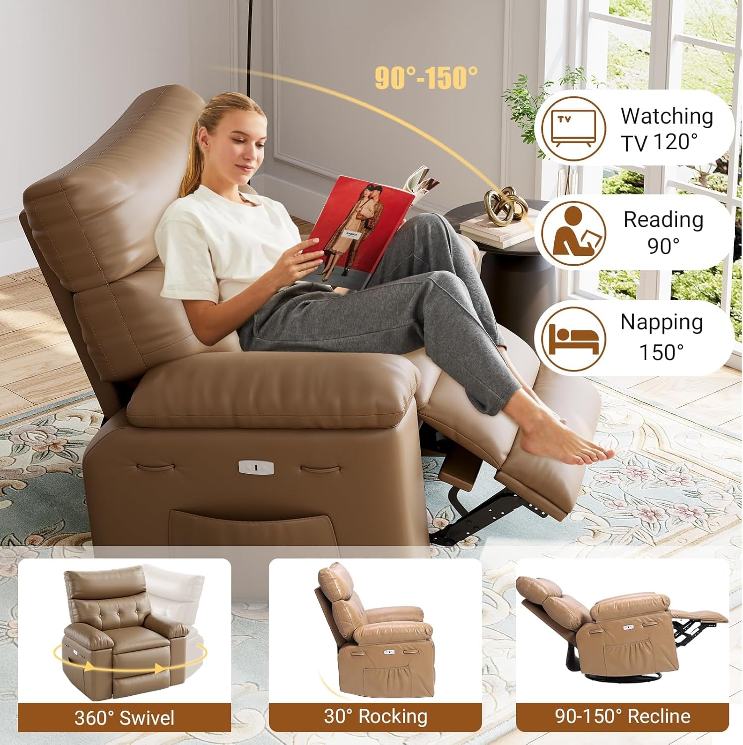 Oversized Recliner Chair for Adults,Pu Leather Electric Rocker Recliner,360 Degree Swivel Lounge Chair with Side Pocket,Modern Massage Recliner Chair Sofa for Living Room,Bedroom (Light Brown)-3