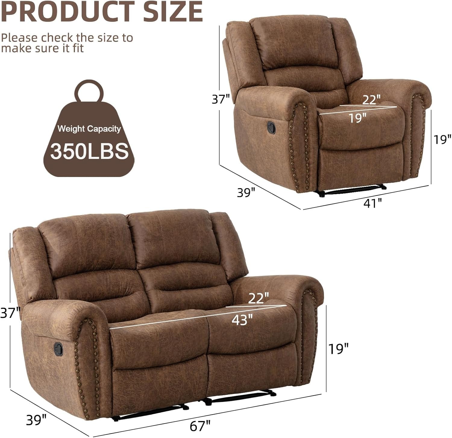 Manual Recliner Sofa Set, Faux Leather Reclining Living Room Set, Included Single Recliner Chair and Loveseat Manual Recliner Sofa, Brown(Recliner+ Loveseat)-1