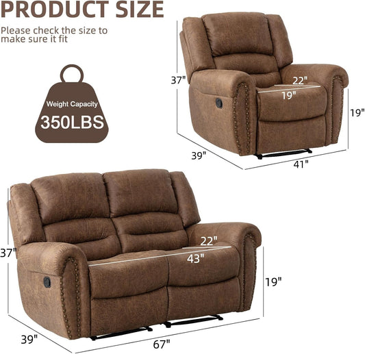Manual Recliner Sofa Set, Faux Leather Reclining Living Room Set, Included Single Recliner Chair and Loveseat Manual Recliner Sofa, Brown(Recliner+ Loveseat)-1