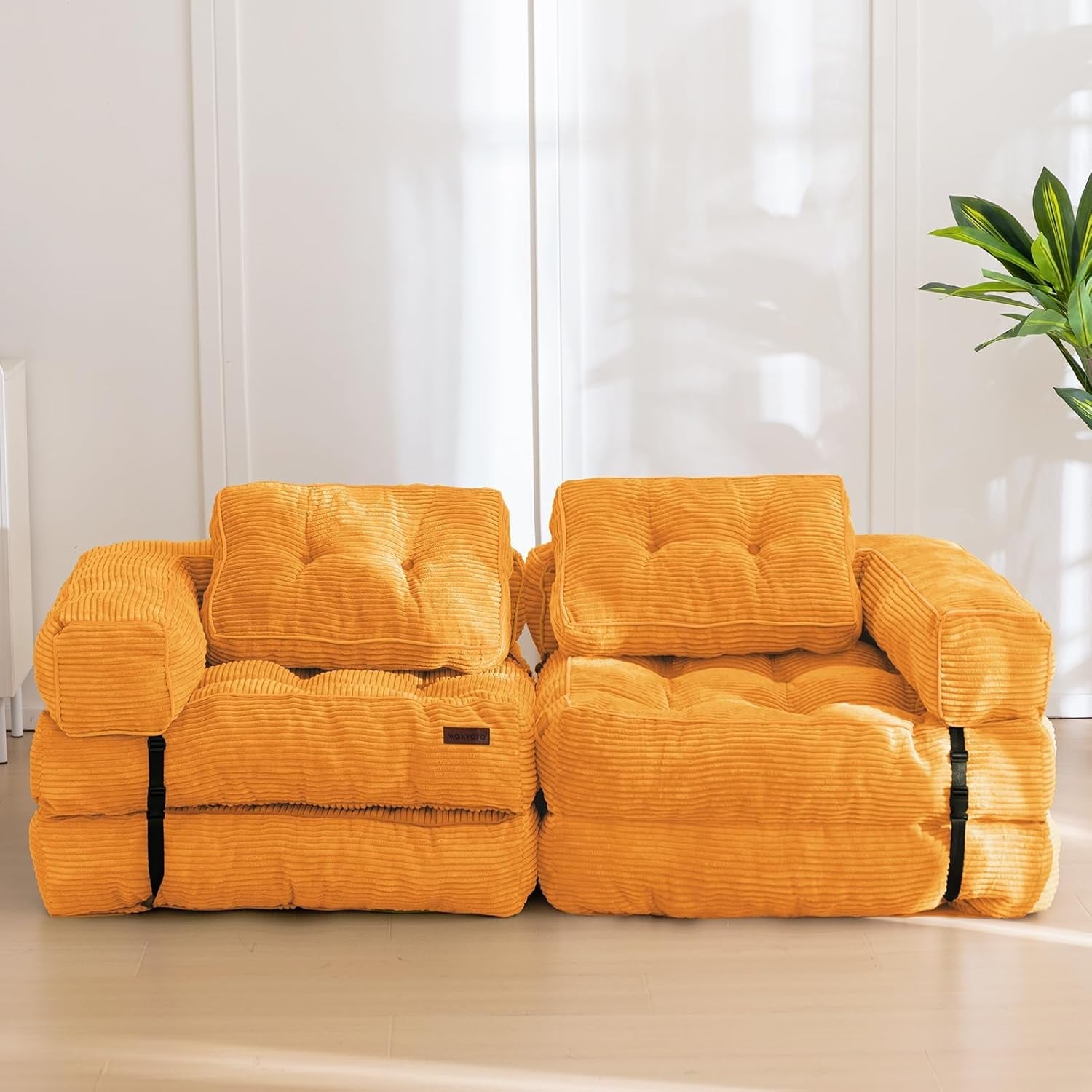 Folding Sofa Bed, L-Shaped Convertible Sofa Bed with Armrest Foldable Sleeper Sofa with Pillow, Portable Fold Out Chair Bed Comfy Floor Sofa Lounge for Living Room Bedroom, Orange-3