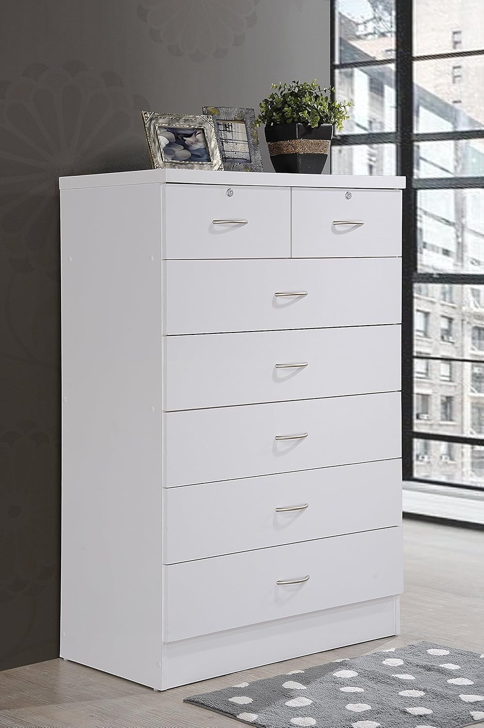 7 Drawer Wood Dresser for Bedroom, 31.5 Inch Wide Chest of Drawers, with 2 Locks on the Top Drawers, Storage Organization Unit for Clothing, White-1