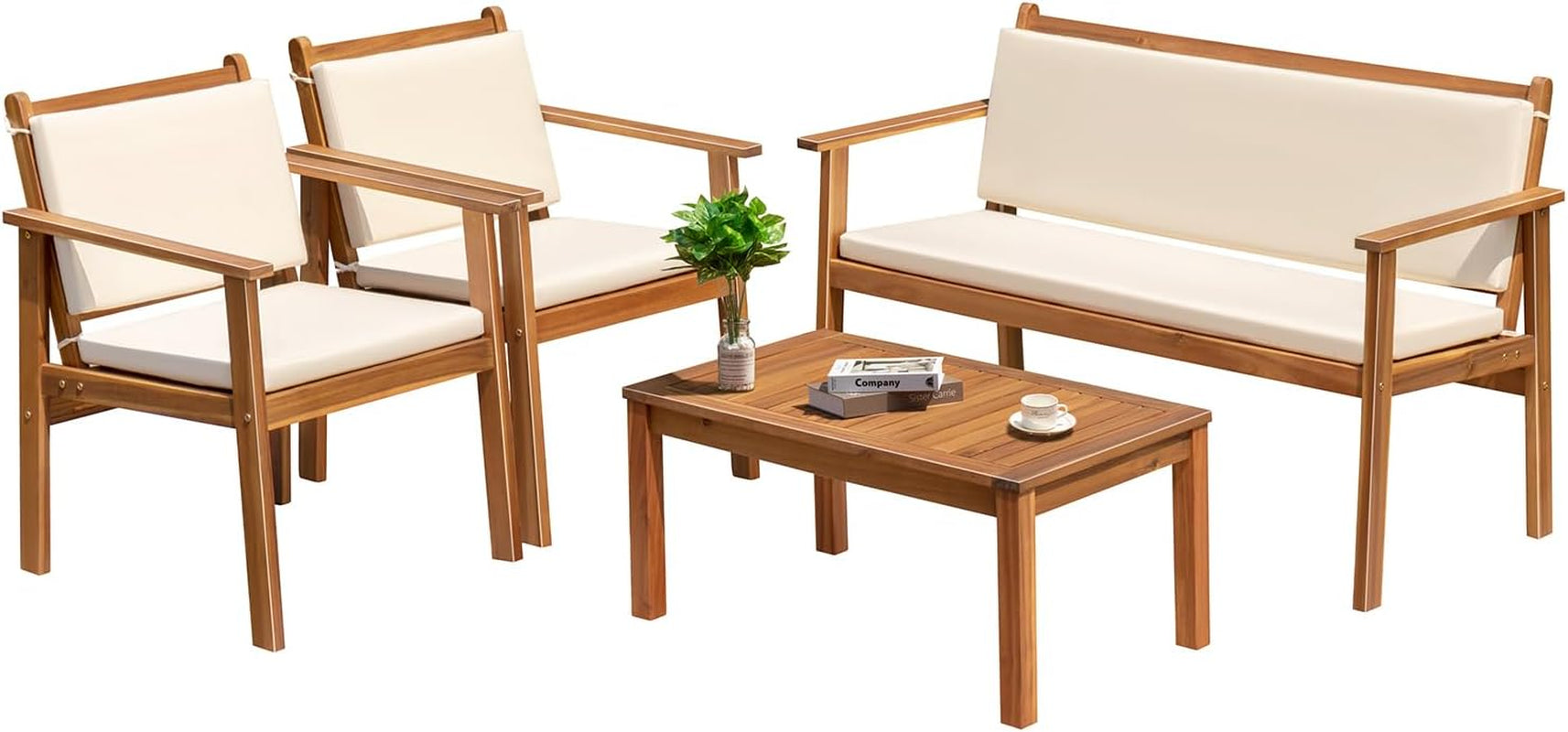Outdoor Patio Furniture, 4 Piece Bistro Sofa Set with Coffee Table and Loveseat, Acacia Wood Conversation Sets with Cushions, for Garden, Backyard, Poolside, White-0