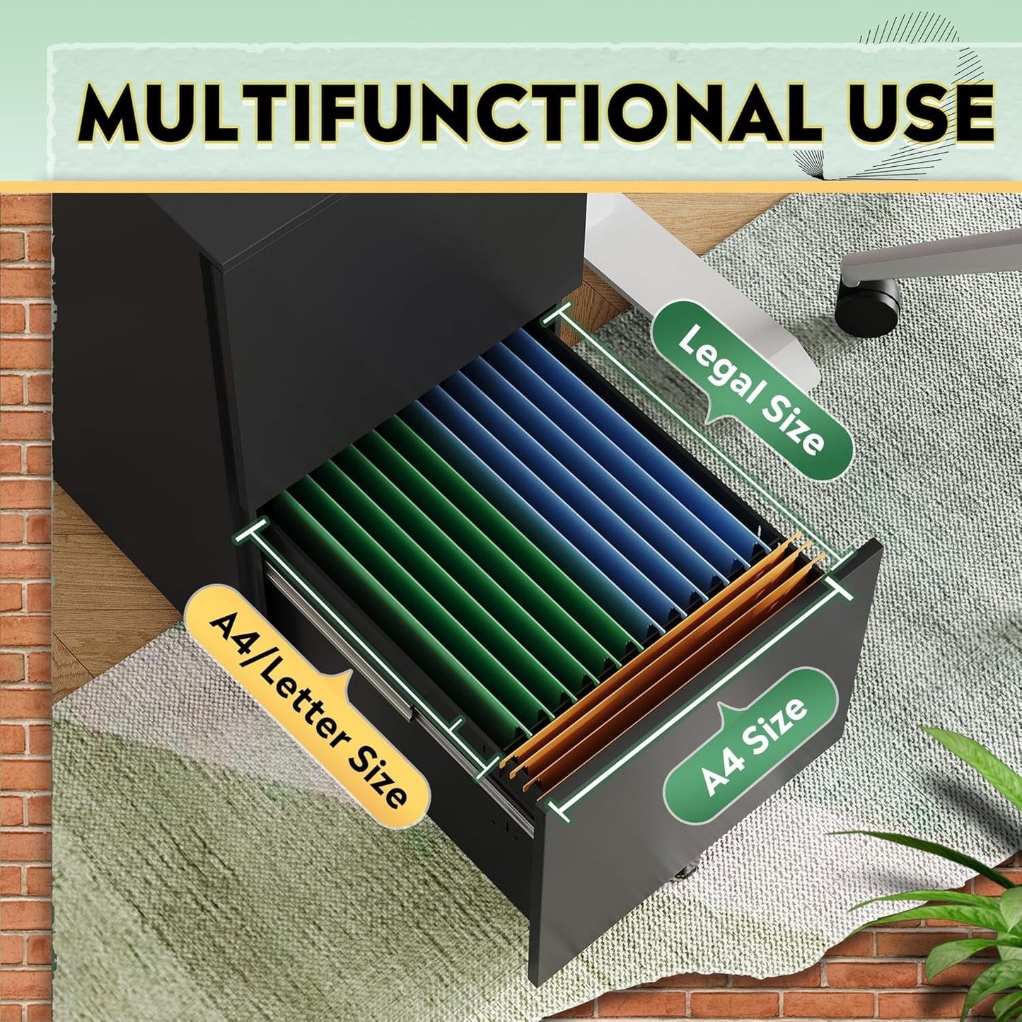 2-Drawer Rolling File Cabinet with Lock, Metal Filing Cabinet for Home Office, Fully Assembled under Desk Cabinet, Black-2