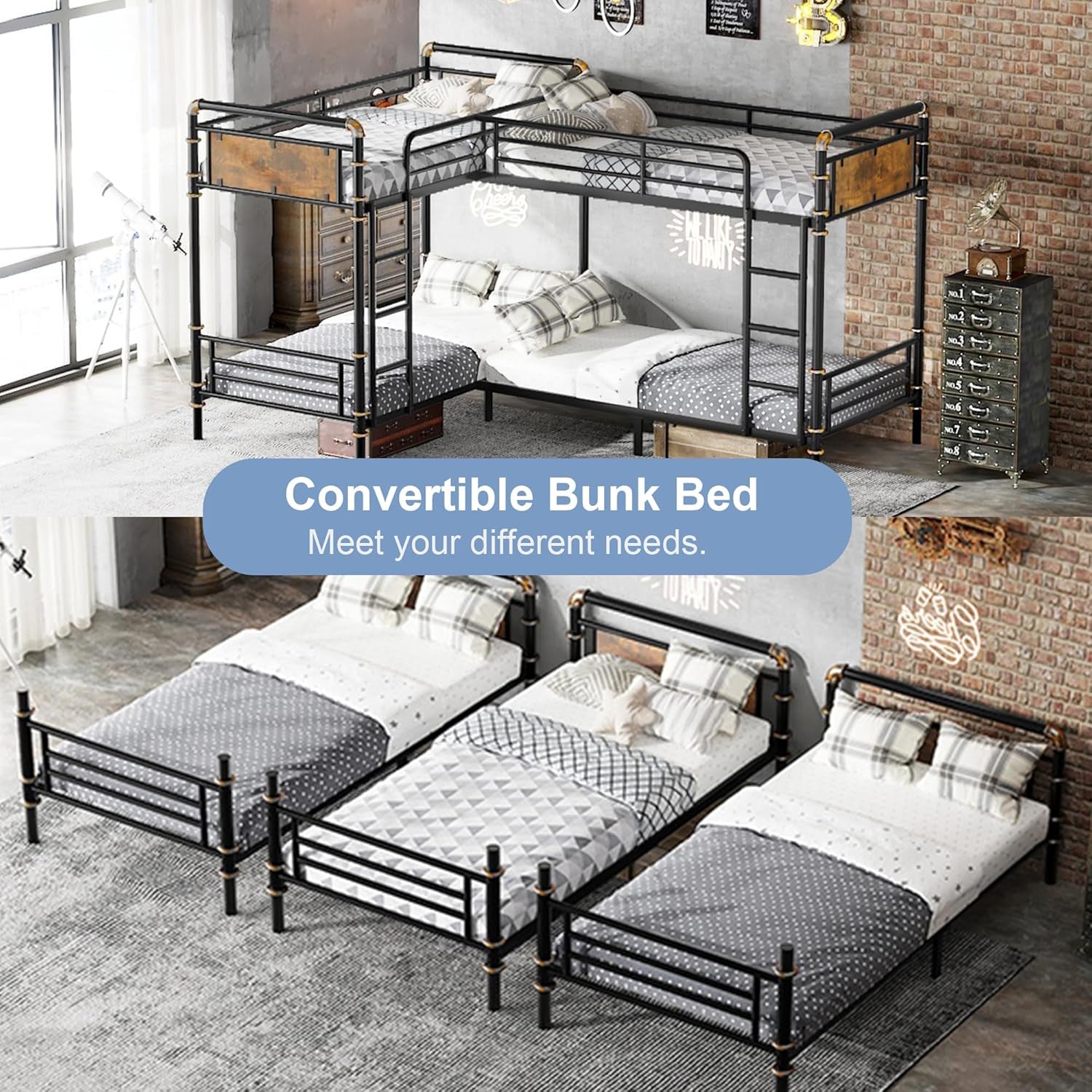 Quad Bunk Bed, Heavy Duty Metal 4 Bunk Beds for Kids with Ladders, Detachable Industrial L-Shaped Bunk Beds, Space Saving Design,Can Be Divided into 3 Twin Beds, Black-2