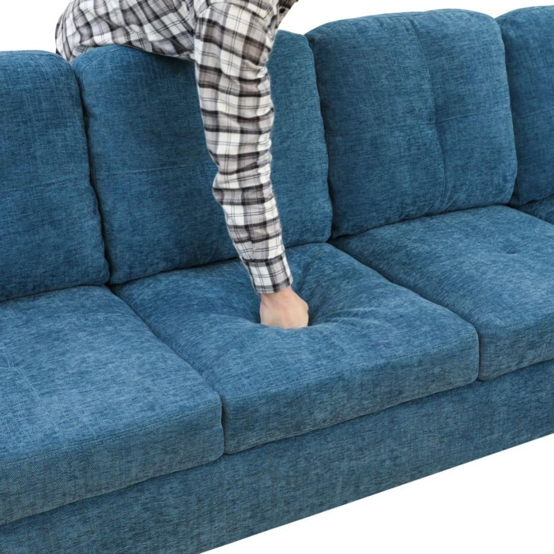 L-Shaped 3-Piece Flannel Sofa with Storage Ottoman Set, Sectional Couch Sofa Set for Living Room, Office, Small Space, Blue-4