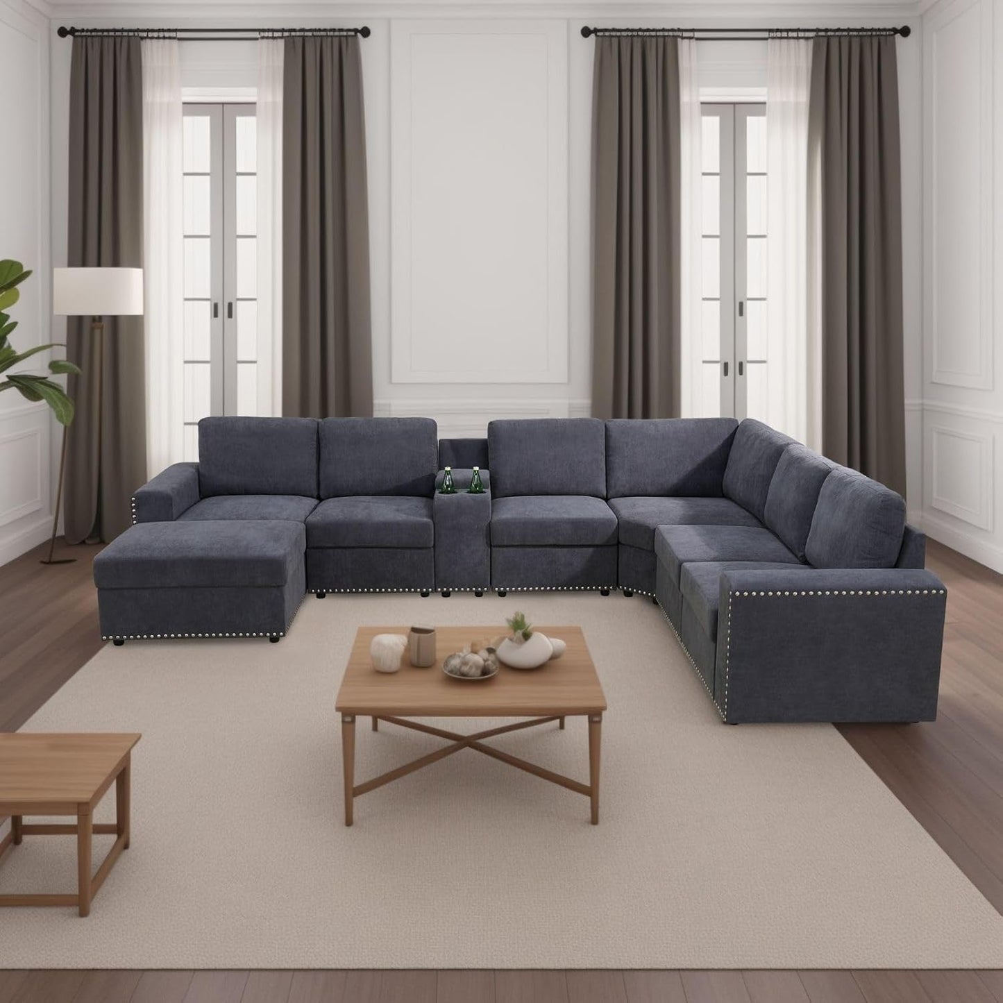 Flannel Modular Sectional Sofa Set, U/L Shape Convertible, Console with USB Charging Ports and Power Sockets for Living Room/House/Bedroom/Office/Apartment (Grey, Oversize with Ottoman), F599X-0