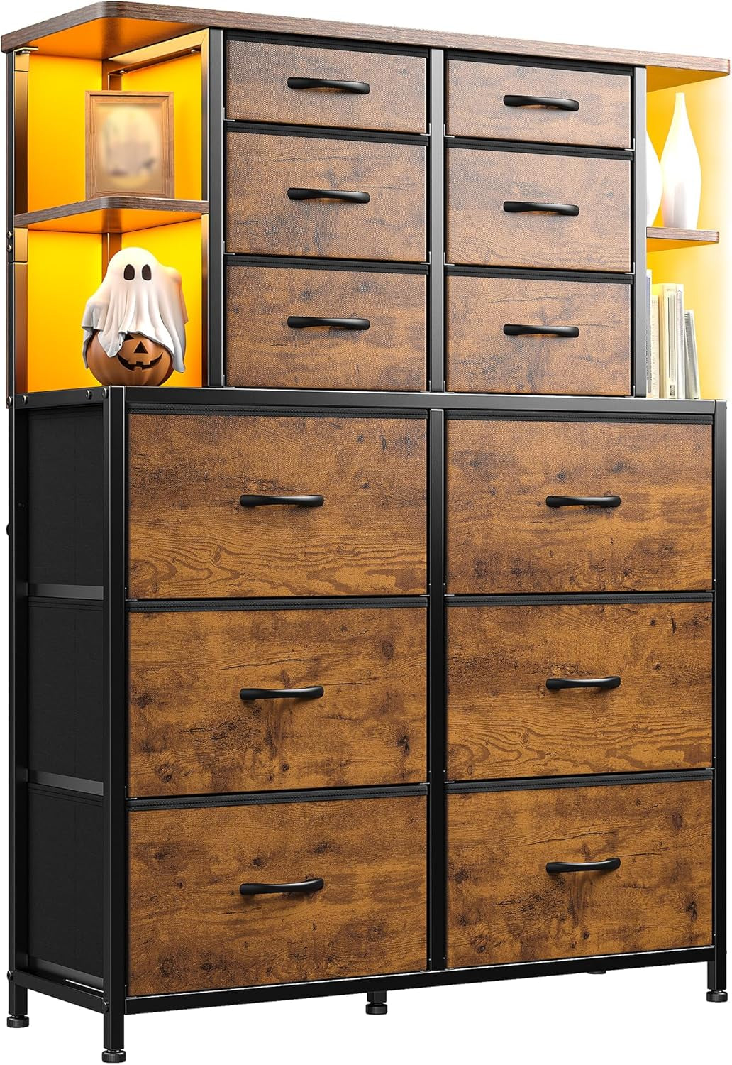 Dresser for Bedroom with LED Lights, 12 Drawers Bedroom Dresser, Dresser and Tall Dresser with Open Shelves, Fabric Dressers & Chests of Drawers with Sturdy Metal Frame, Rustic Brown-0
