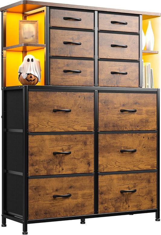 Dresser for Bedroom with LED Lights, 12 Drawers Bedroom Dresser, Dresser and Tall Dresser with Open Shelves, Fabric Dressers & Chests of Drawers with Sturdy Metal Frame, Rustic Brown-0