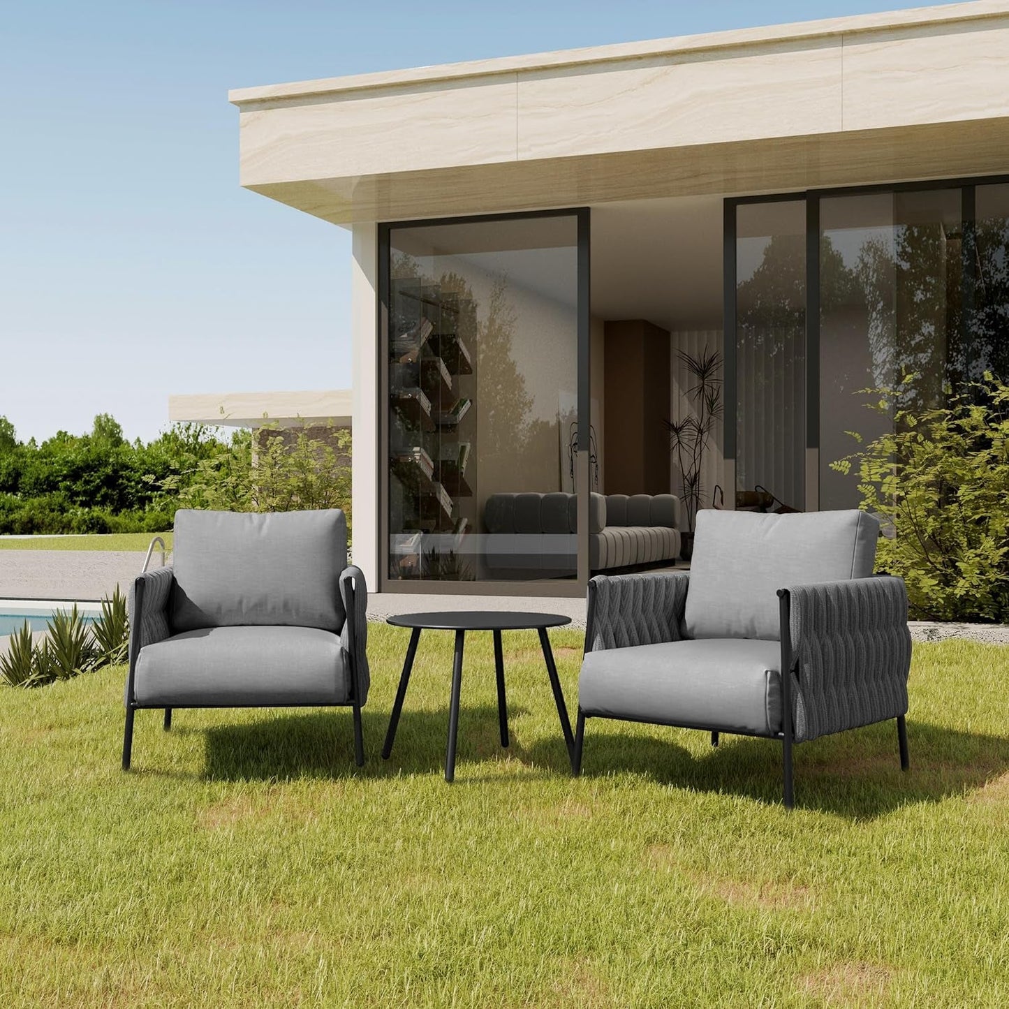 3 Pieces Patio Furniture Set, Armchairs with Coffee Table, Outdoor Furniture Set with Cushion, Modern Outdoor Furniture Deep Seating for Outdoor Garden Porch, Earth Black & Misty Grey-0