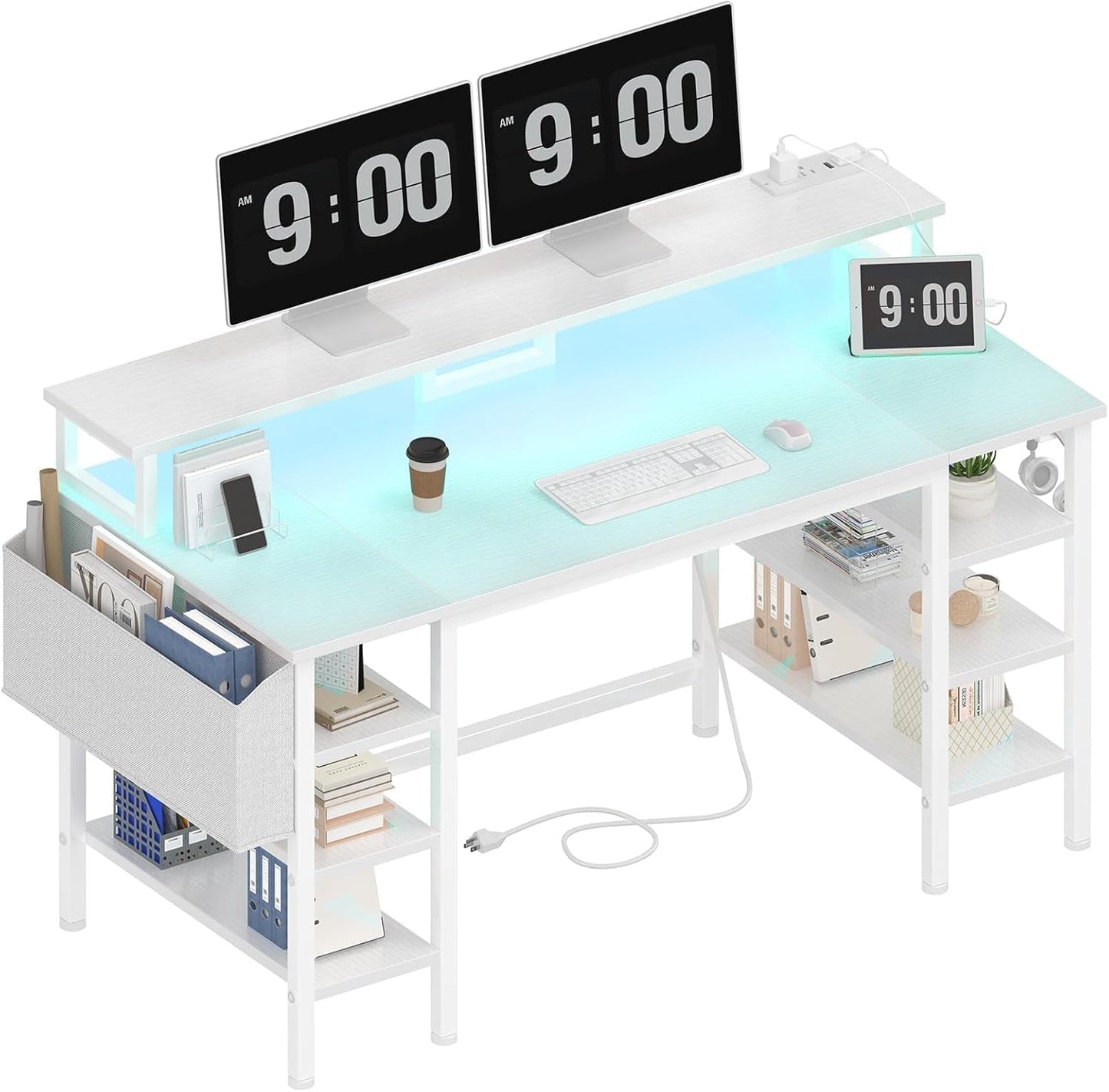 White Desk with Storage Shelves - 47 Inch Home Office Gaming Desk with Monitor Stand, Computer Desk with LED Lights and Power Outlets, White-0