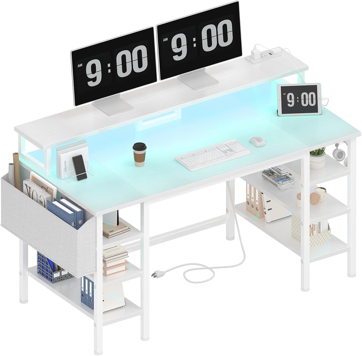 White Desk with Storage Shelves - 47 Inch Home Office Gaming Desk with Monitor Stand, Computer Desk with LED Lights and Power Outlets, White-0