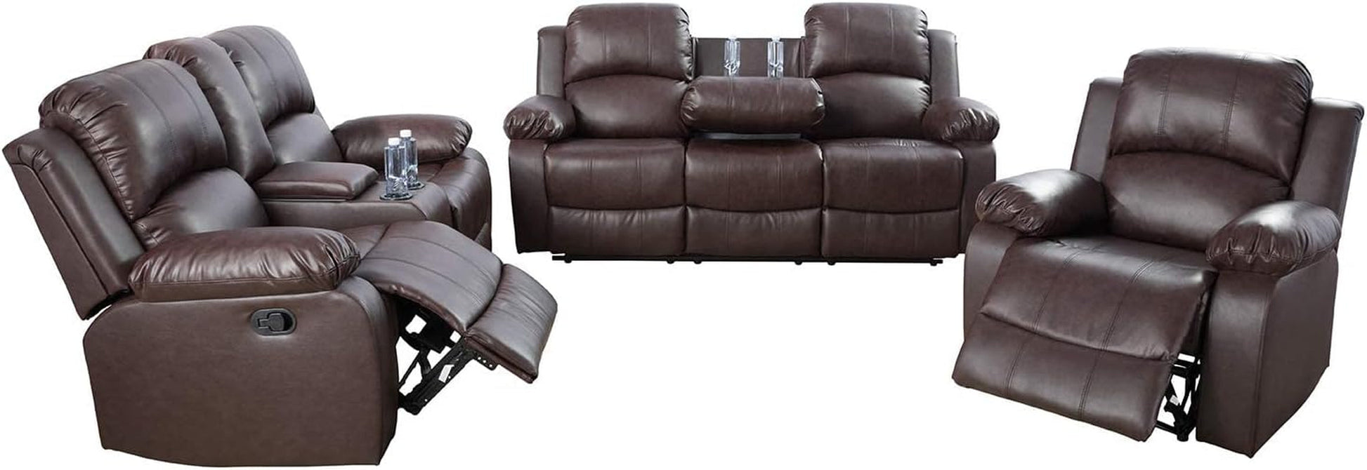 3 PCS Living Room Set, Faux Leather Recliner Sofa Set, Recliner Sofa Couch, Loveseat and Chair (Espresso)-2