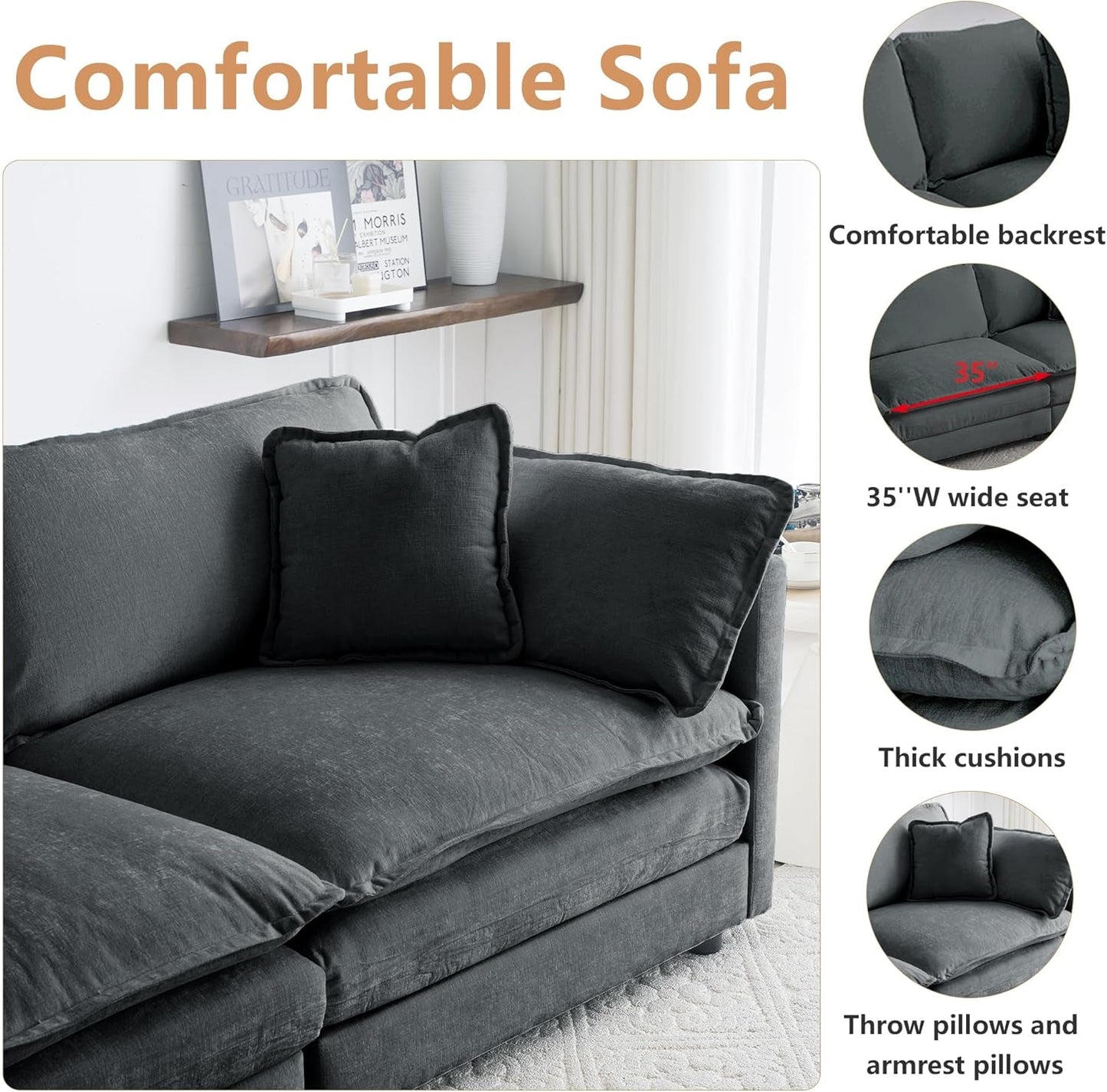 Luxury 2 Piece Loveseat Couch & Sofa Armchair Set, Modern Upholstered Chenille Cloud Couches Set Furniture with 5 Pillow for Living Room Bedroom Office Apartment, Grey-3