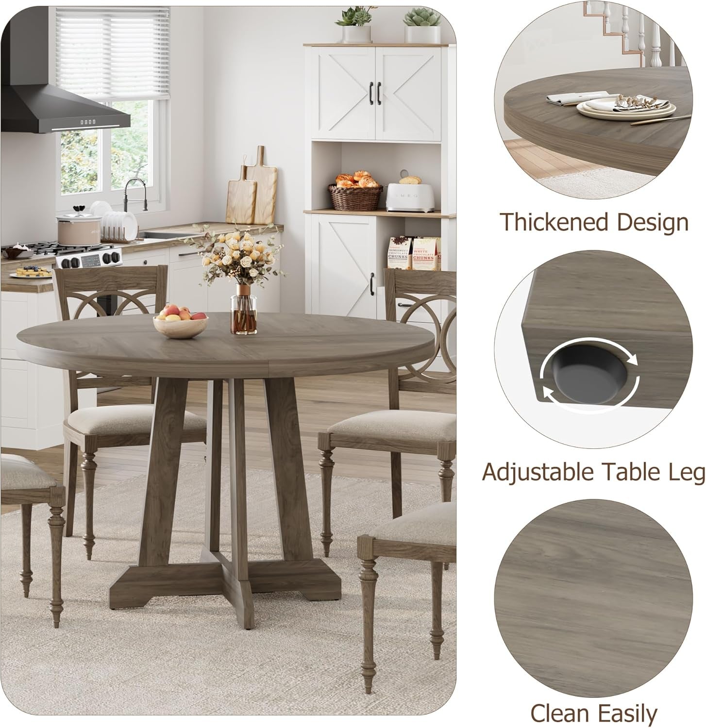 Dining Table for 4 to 6 People, 47 Inch round Wooden Kitchen Table with Sturty Legs, Dining Room Table for Dining Room, Kitchen (Grey)-4