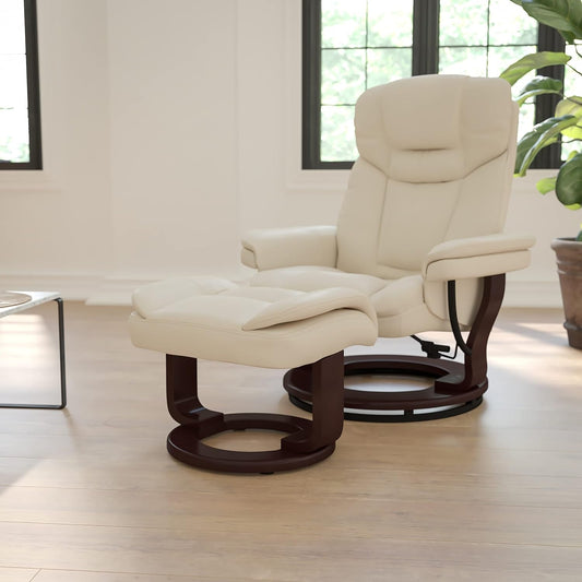 Allie Leathersoft Upholstered Recliner with Ottoman Footrest, Padded Swiveling Recliner Chair and Ottoman Set, Beige-1