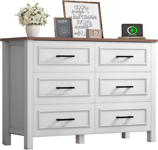 6-Drawer Dresser with Built-In Power Outlet, Wood Dresser TV Stand with 6 Large Drawers & Bar Handles, Dresser Chest of Drawers for Entryway Living Room Hallway, White & Walnut-0