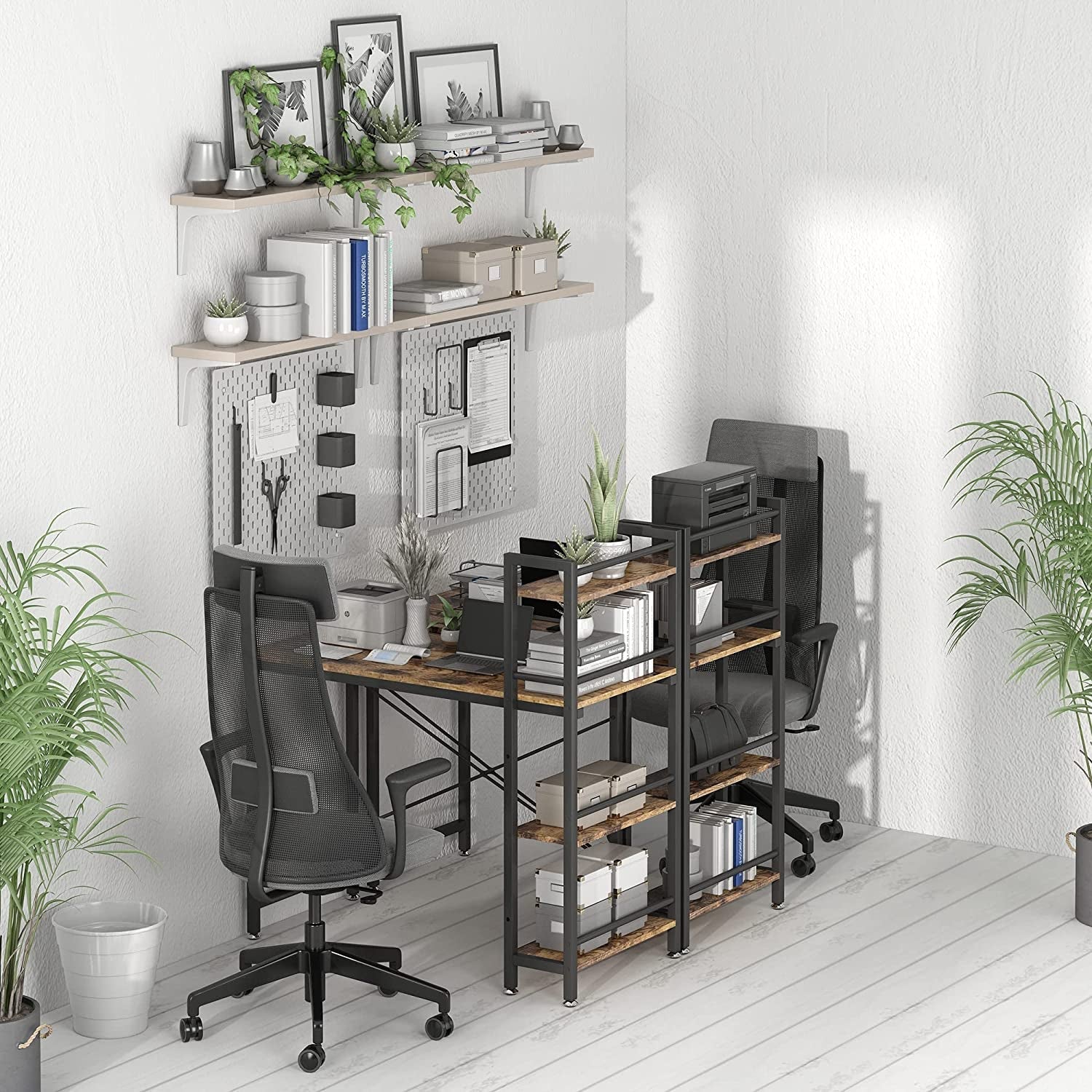 Small Rustic Desk with 4-Tier Bookshelf-4