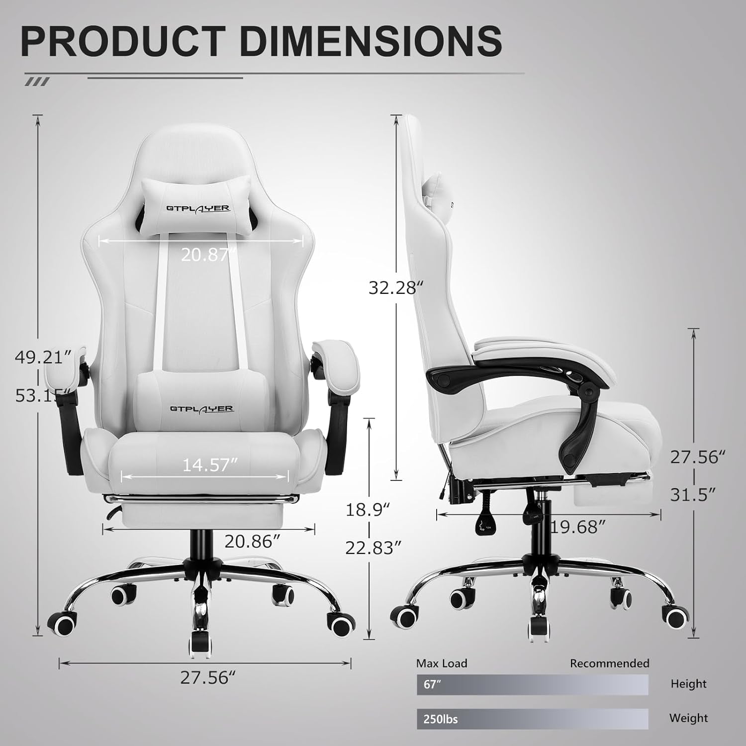 Gaming Chair with Footrest, Computer Chair with and Lumbar Support, Height Adjustable Game Chair with 360°-Swivel Seat and Headrest and for Office or Gaming (All Light Gray-Fabric)-1