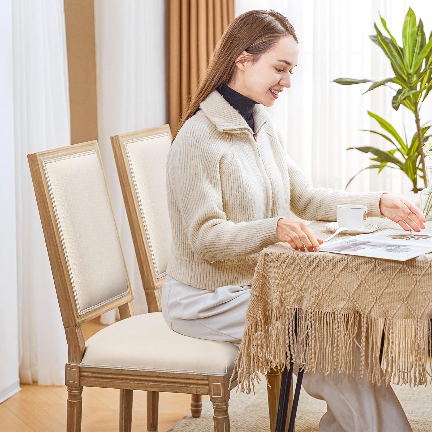 French Country Dining Chairs Set of 2, Upholstered Dining Room Chairs with Back Farmhouse Kitchen Chairs for Living Room, Kitchen, Restaurant (Beige-Square)-3