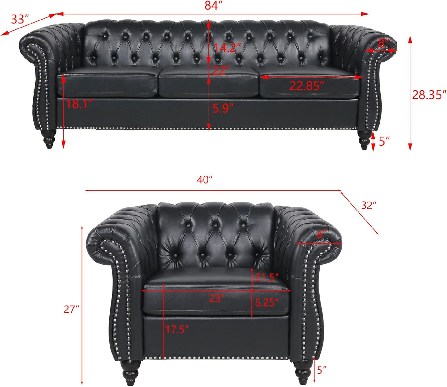 Modern Black Faux Leather Tufted Sofa Chair Set-1