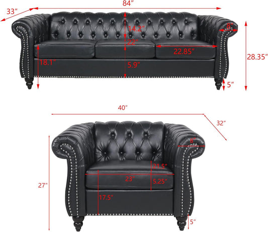 Modern Black Faux Leather Tufted Sofa Chair Set-1