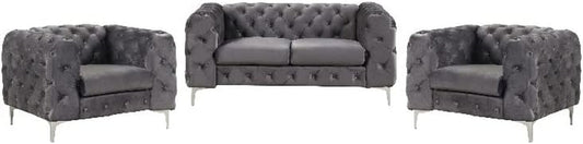 3- Piece Button Tufted Velvet Fabric Livingroom Set -Grey-1