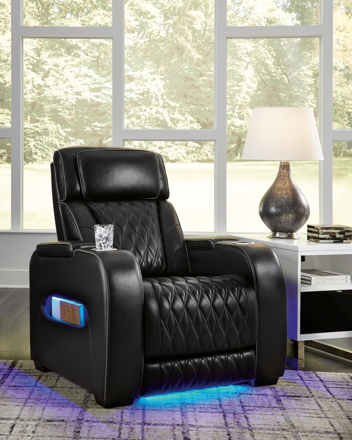 Boyington Contemporary Leather Match Power Recliner with Adjustable Headrest, Cup Holders, USB Port and Air Massage System, Black-1