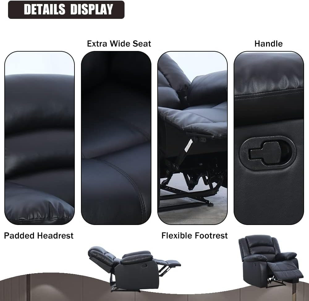 Black Recliner Chair Set of 2, with Overstuffed Arm and Back, Breathable Faux Leather Manual Reclining Chairs, Living Room Single Sofa Recliners-4
