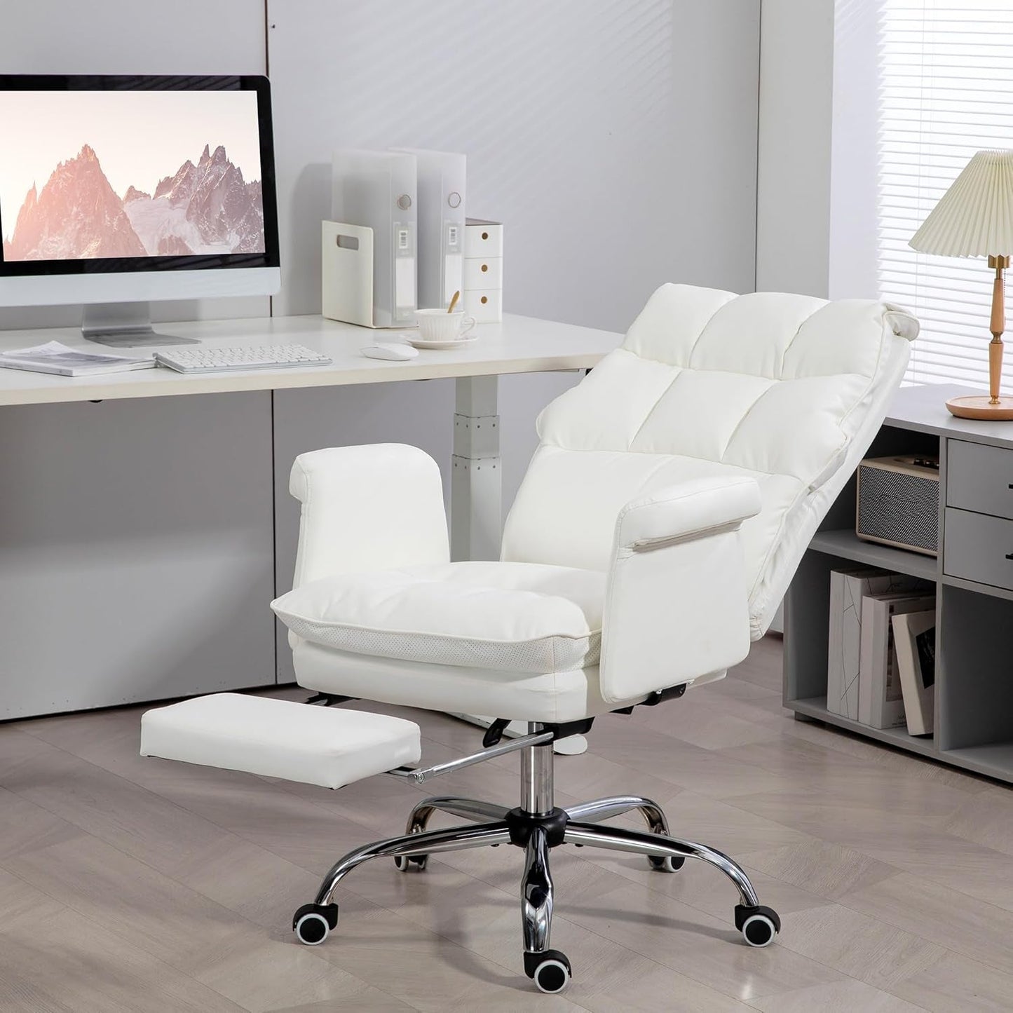 Executive Office Chair, PU Leather Ergonomic Office Desk Chair with Footrest, Reclining and Swivel Chair, White-1