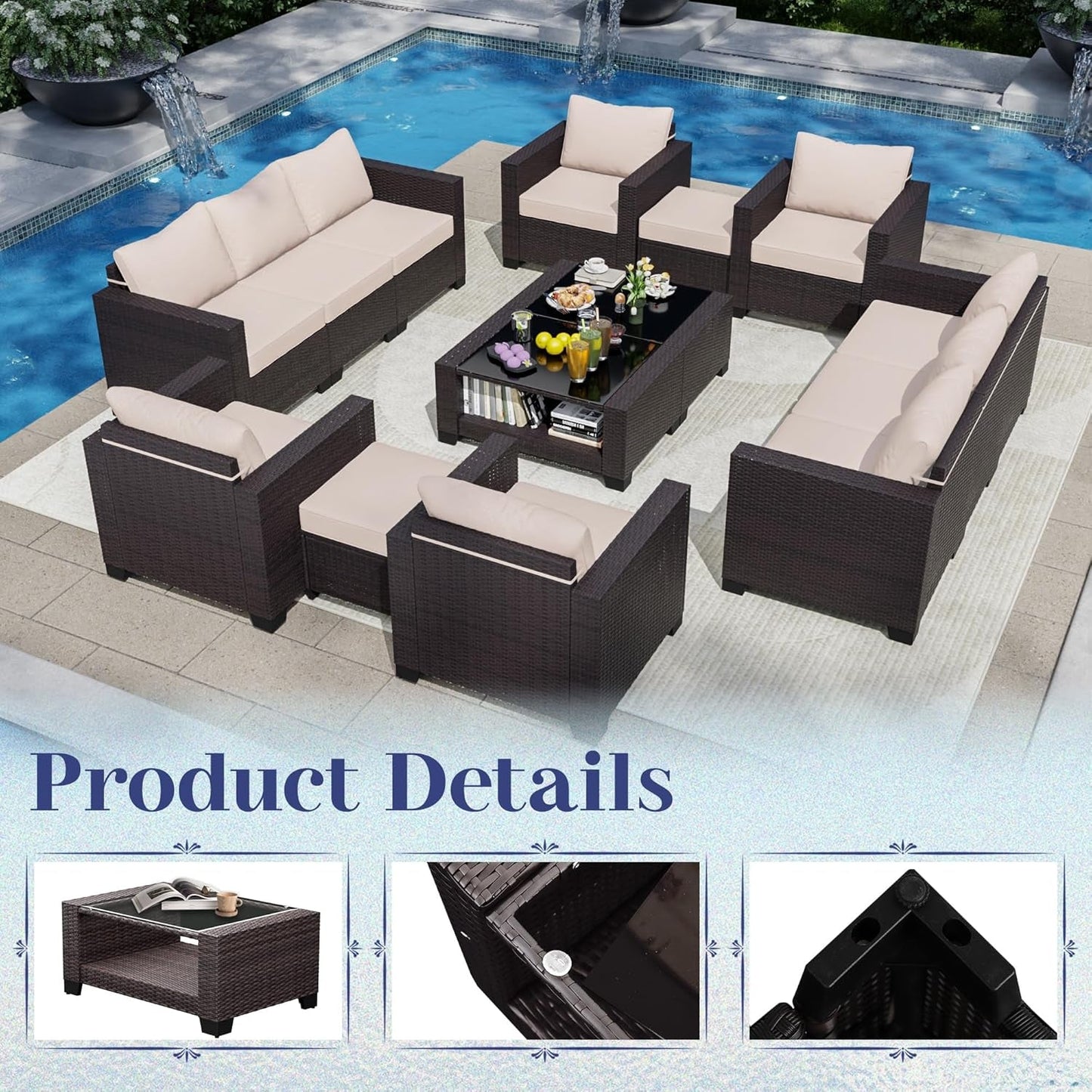 Patio Furniture Set 7 Pieces Conversation Sets, Outdoor Sectional Sofa, All-Weather PE Rattan Modular Sofa with Cushions and Glass Coffee Table（Brown/Beige,C）-4
