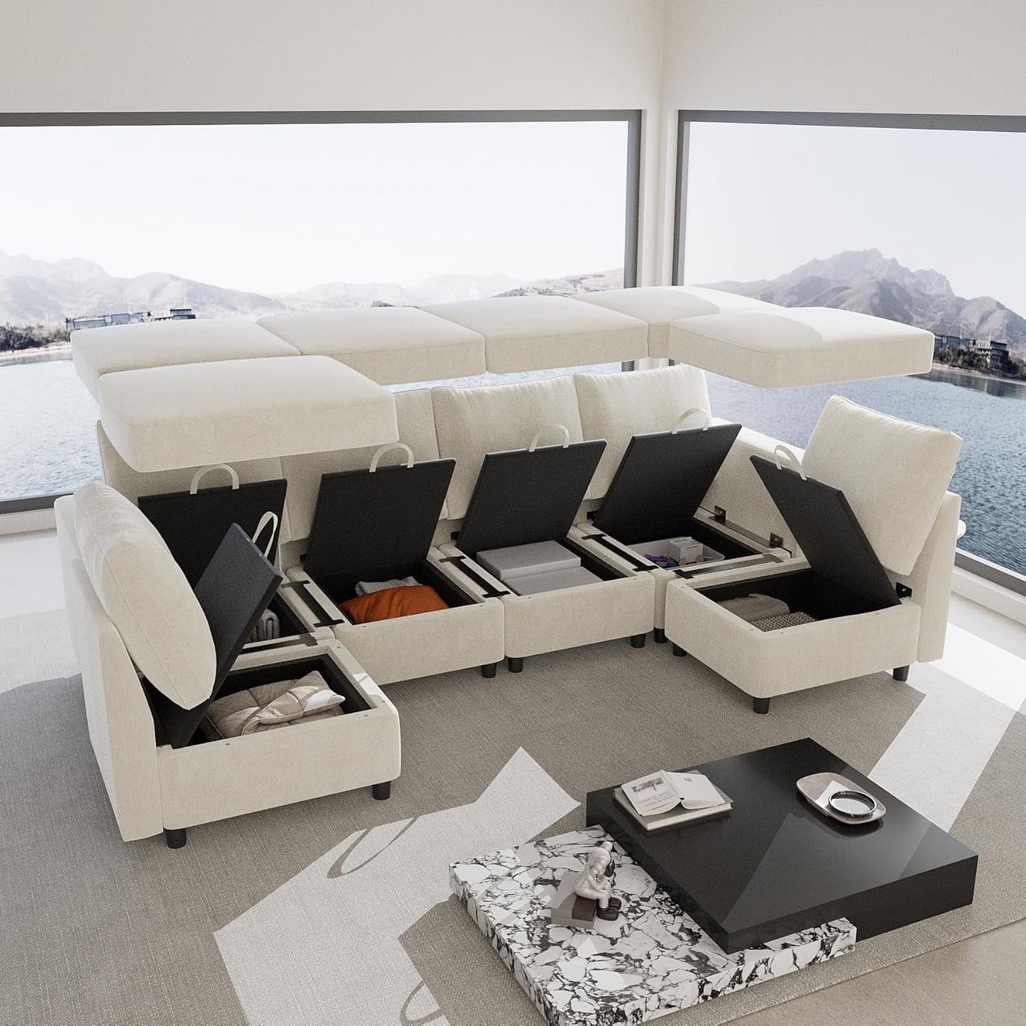 131.6"/108" Cream White Chenille Oversized Modular Sectional Sofa with Storage and USB Chargers, Comfy Sectional Sofa with 6 Seats, 6 Pieces Modern Couch Convertible Sleeper Bed for Living Room-0