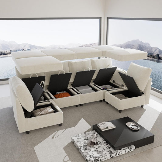 131.6"/108" Cream White Chenille Oversized Modular Sectional Sofa with Storage and USB Chargers, Comfy Sectional Sofa with 6 Seats, 6 Pieces Modern Couch Convertible Sleeper Bed for Living Room-0