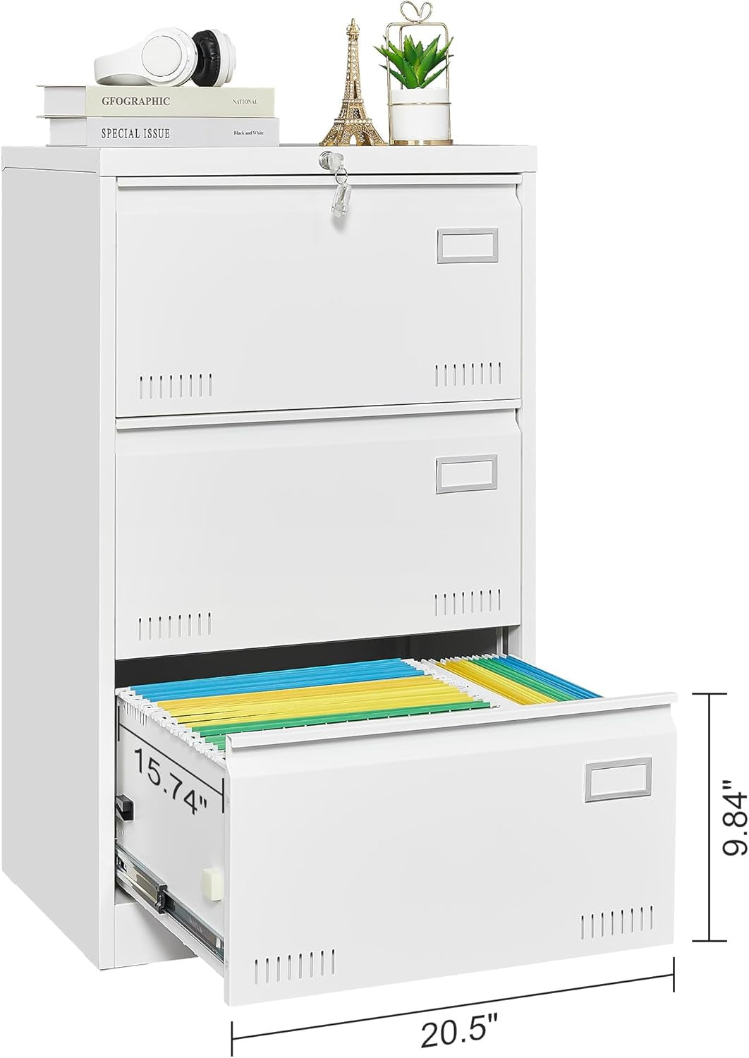 Lateral File Cabinet 3 Drawer File Cabinet with Lock and Card Holder, Metal Steel Lockable Drawer File Cabinets under Desk for Home Office Legal/Letter/F4/A4 White-4