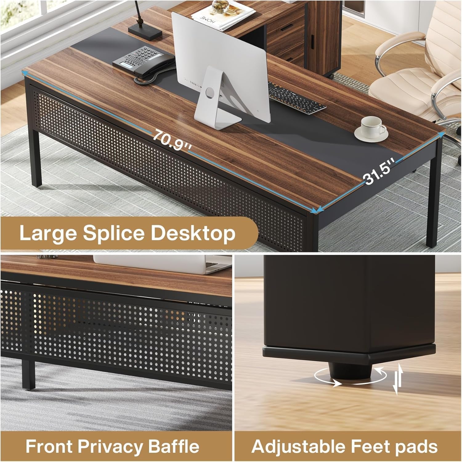 70.8" Large Executive Office Desk and 47" Lateral File Cabinet Combo, L-Shaped Computer Desk 2 Piece Business Furniture with Drawers and Shelves, Home Office Workstation, Walnut-3