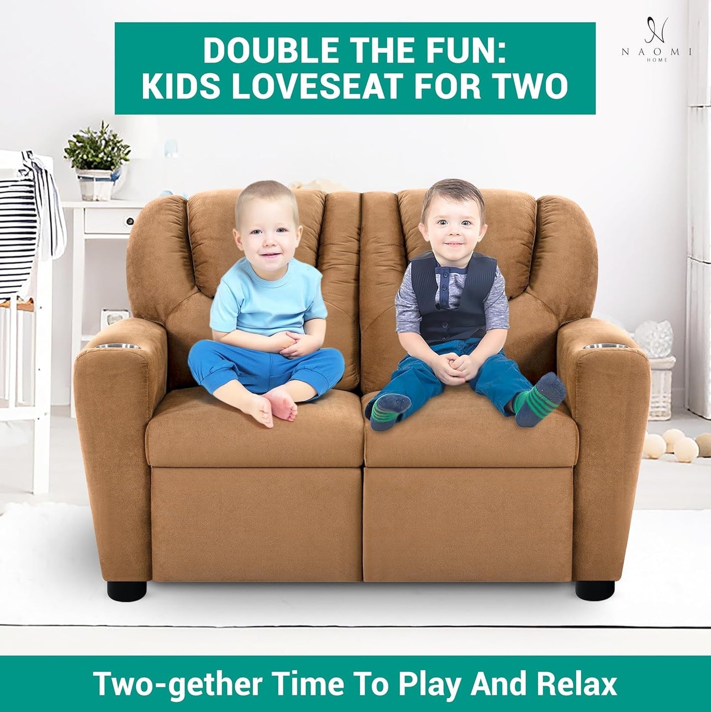 Suri Kids Recliner Loveseat – Spacious Toddler Recliner Chair Ages 3-5 with Cup Holders, Push-Back Function, and Adjustable Footrest - Brown-4