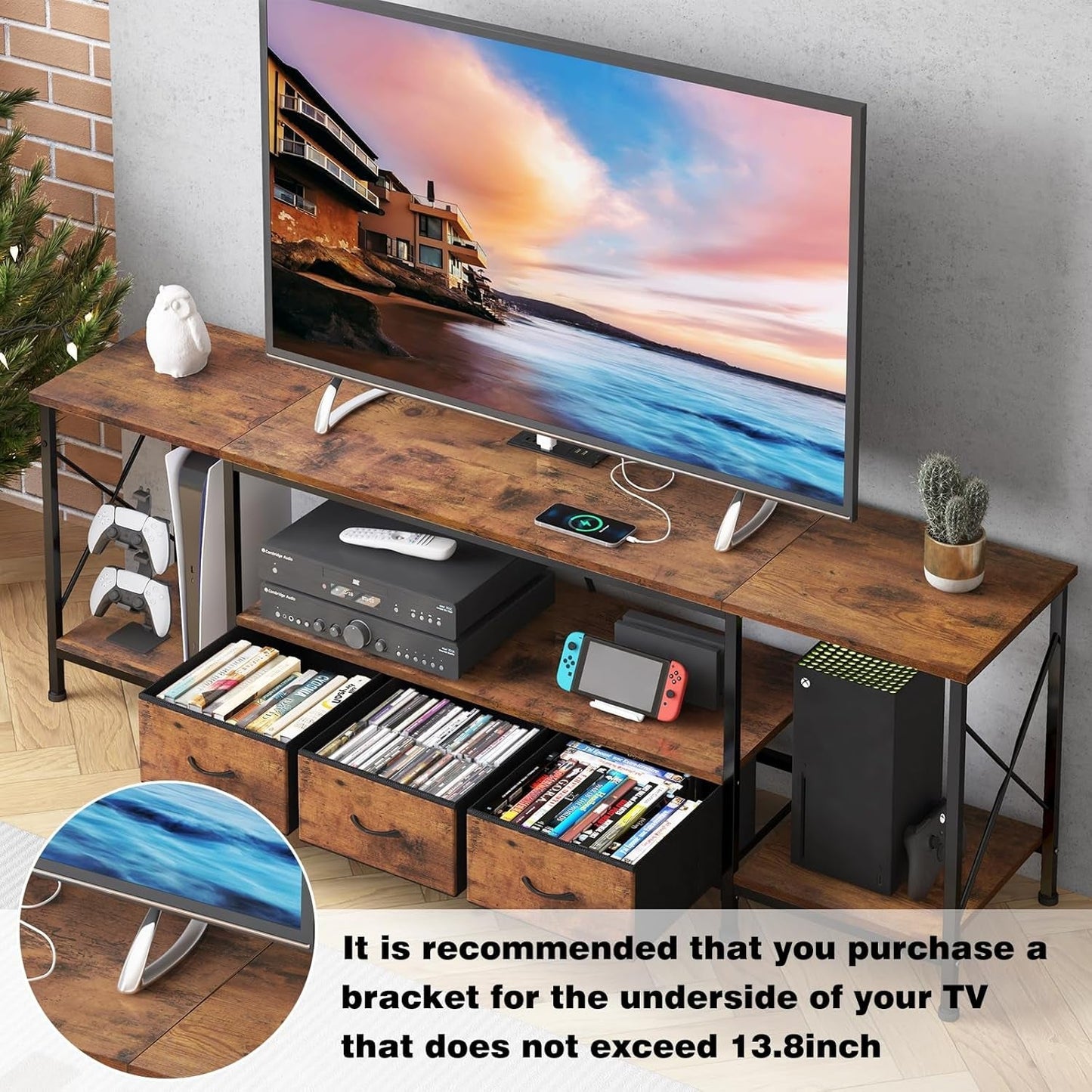 TV Stand for 65 60 70 Inch TV Entertainment Center with Power Outlets and Fabric Drawers, TV Console Table with Metal Frame Storage Shelves for Living Room, Bedroom - 63" Rustic Brown-3