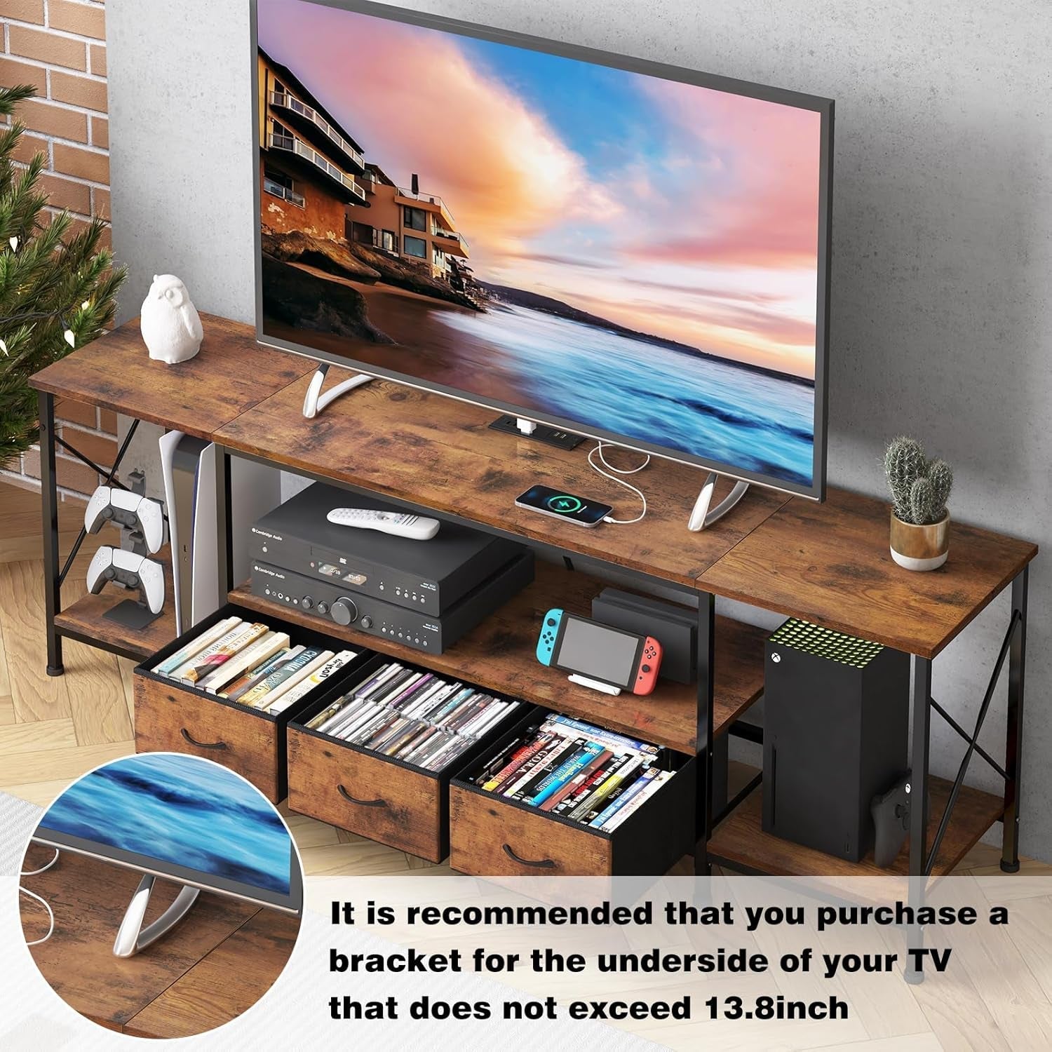 TV Stand for 65 60 70 Inch TV Entertainment Center with Power Outlets and Fabric Drawers, TV Console Table with Metal Frame Storage Shelves for Living Room, Bedroom - 63" Rustic Brown-3