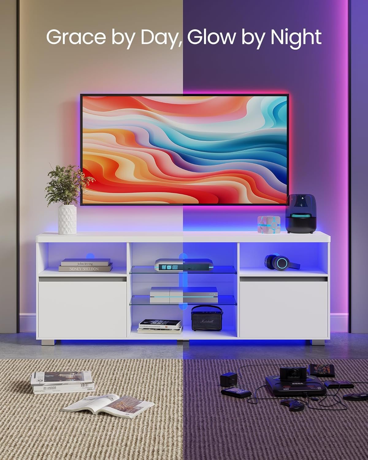 TV Stand with LED Lights for Tvs up to 70 Inch, Entertainment Center with Open Glass Shelves, 2 Cabinets with Doors, 63-Inch Long, TV Console for Bedroom Living Room, White ULTV330T10-3