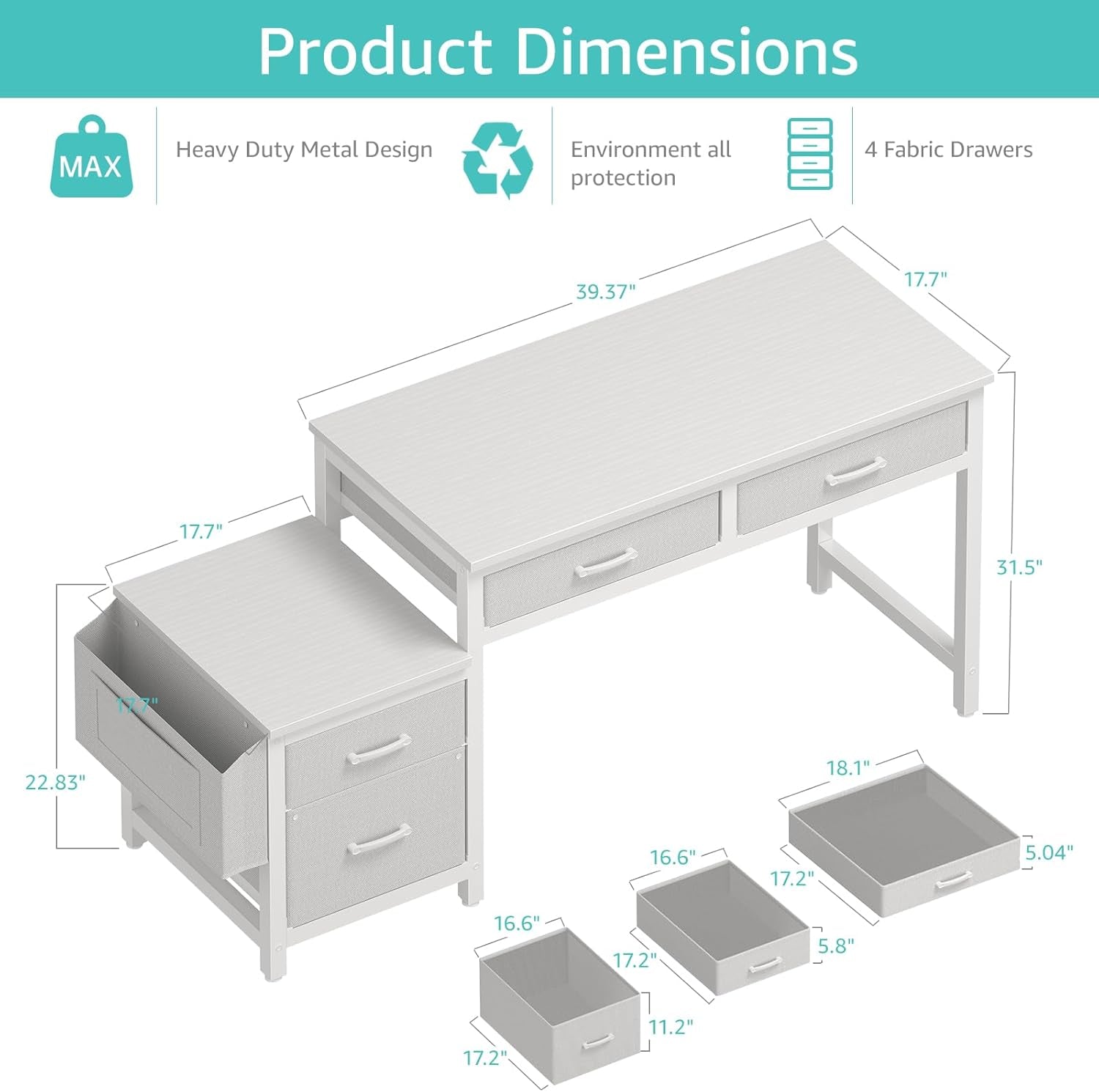 White Computer Desk with Fabric File Drawers Cabinet, 57 Inch Home Office Desks with Reversible Filing Cabinet Printer Stand for Small Space, Study Writing Table PC Vanity Desks, White-2
