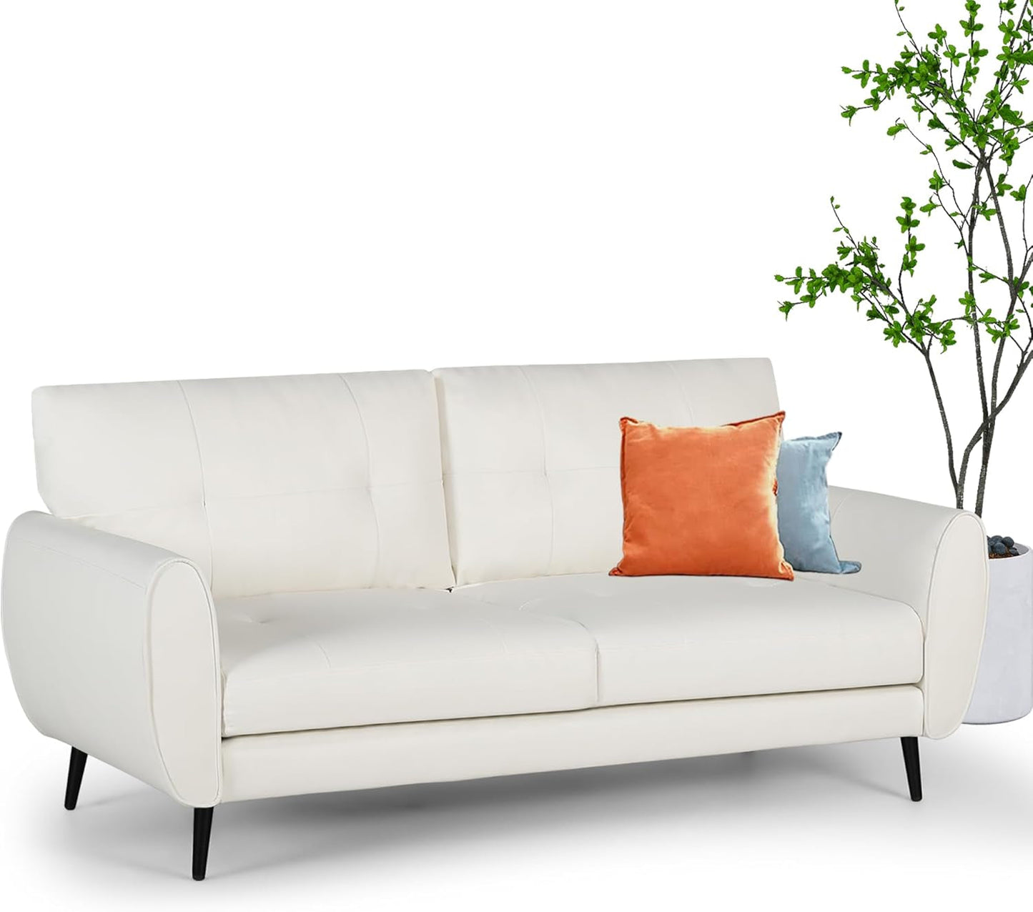 White Leather Loveseat: Mid-Century Modern, Button-Tufted-1