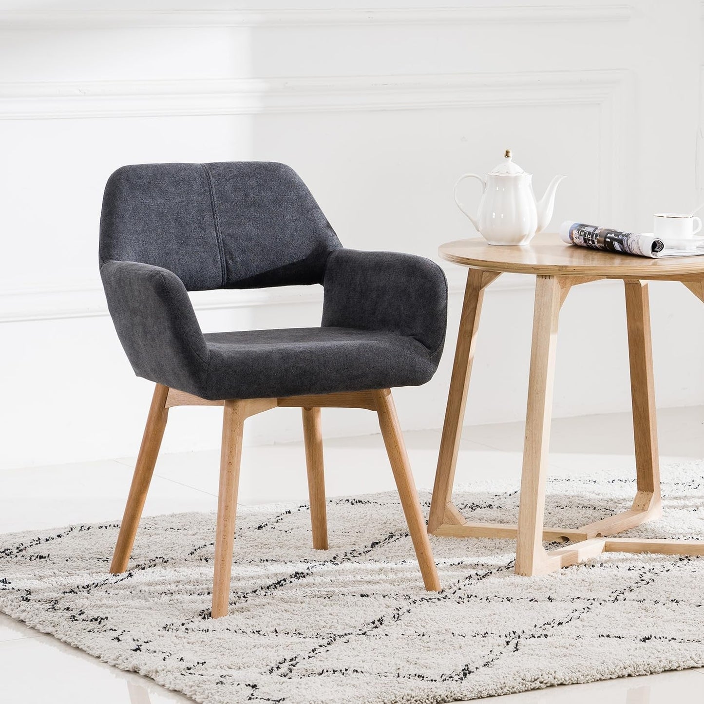 Desk Chair No Wheels Vanity Chair Makeup Chair Comfy Accent Chair for Living Dining Room Bedroom Home Office Mid Century Modern Upholstered Armchair with Wood Legs (Charcoal, 1)-3