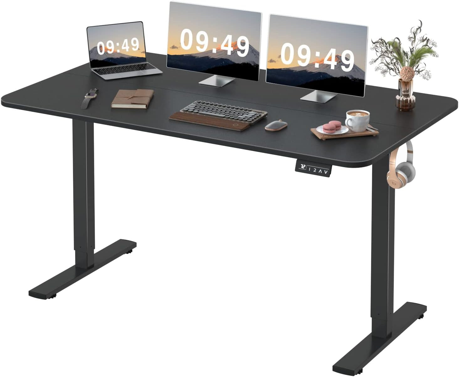 Electric Height Adjustable Standing Desk Large 55 X 24 Inches Sit Stand up Desk Home Office Computer Desk Memory Preset with T-Shaped Metal Bracket, Black-0