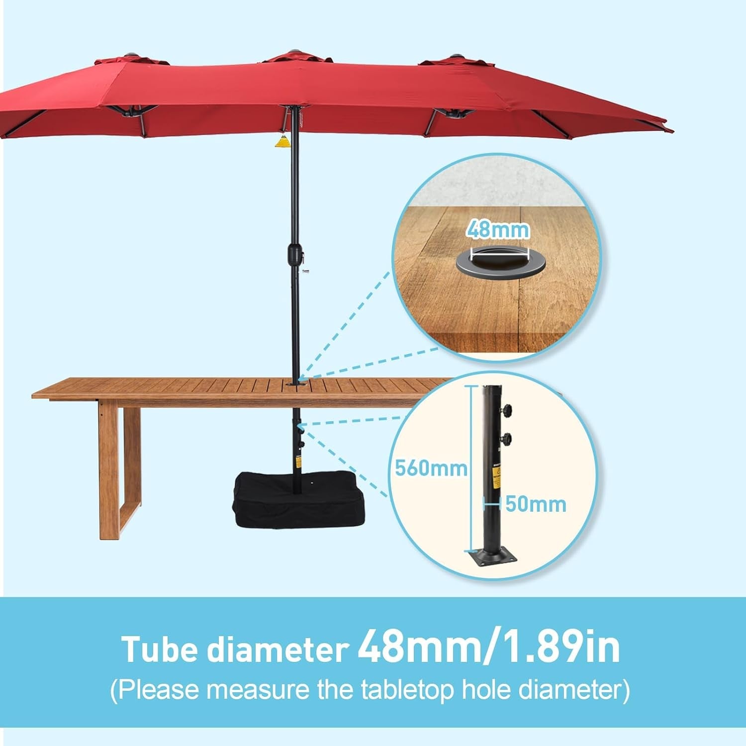 15ft Double Sided Patio Umbrella with Base Red-3