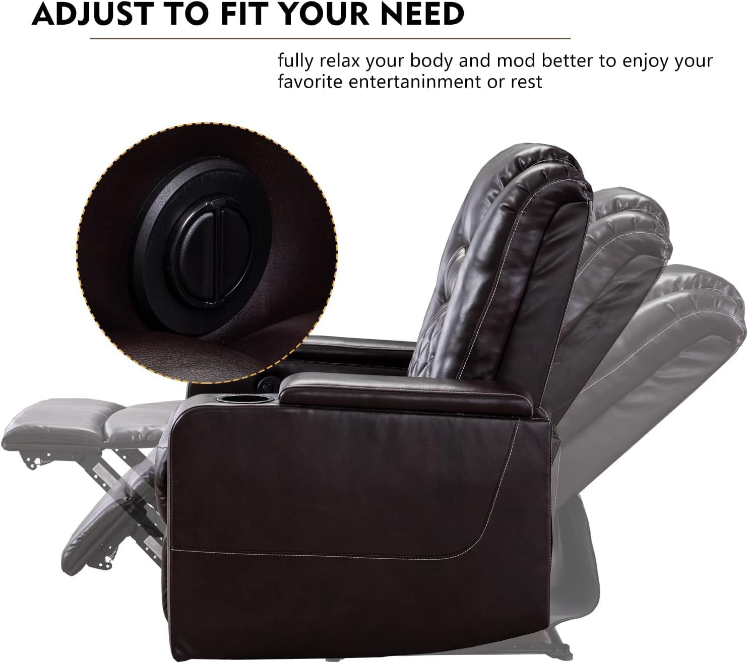 Electric Power Recliner Chair with USB Ports and Cup Holders, Breathable Leather Home Theater Seating with Hidden Arm Storage (Brown)-2