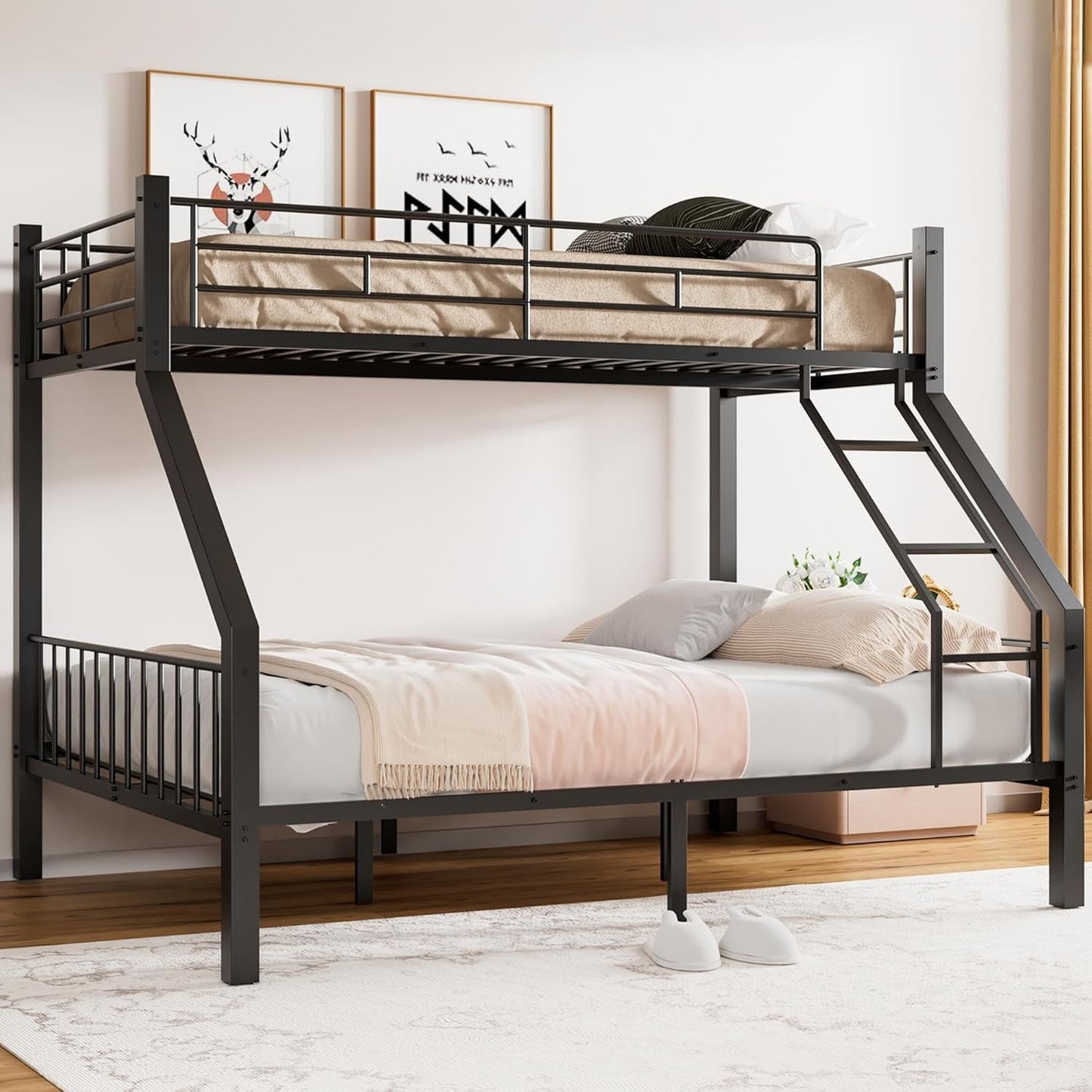 Twin XL over Queen Bunk Bed, Heavy Duty Bunk Bed with Safety Ladder and Full-Length Guardrails, Metal Queen Bed Frame with Slats Support for Adults, Teens, Kids, Black-0