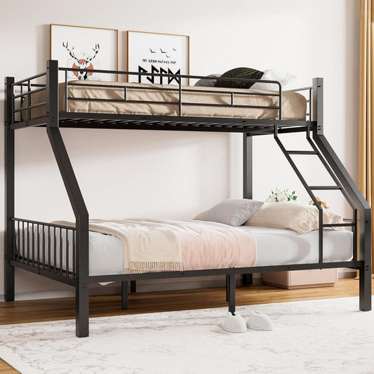 Twin XL over Queen Bunk Bed, Heavy Duty Bunk Bed with Safety Ladder and Full-Length Guardrails, Metal Queen Bed Frame with Slats Support for Adults, Teens, Kids, Black-0