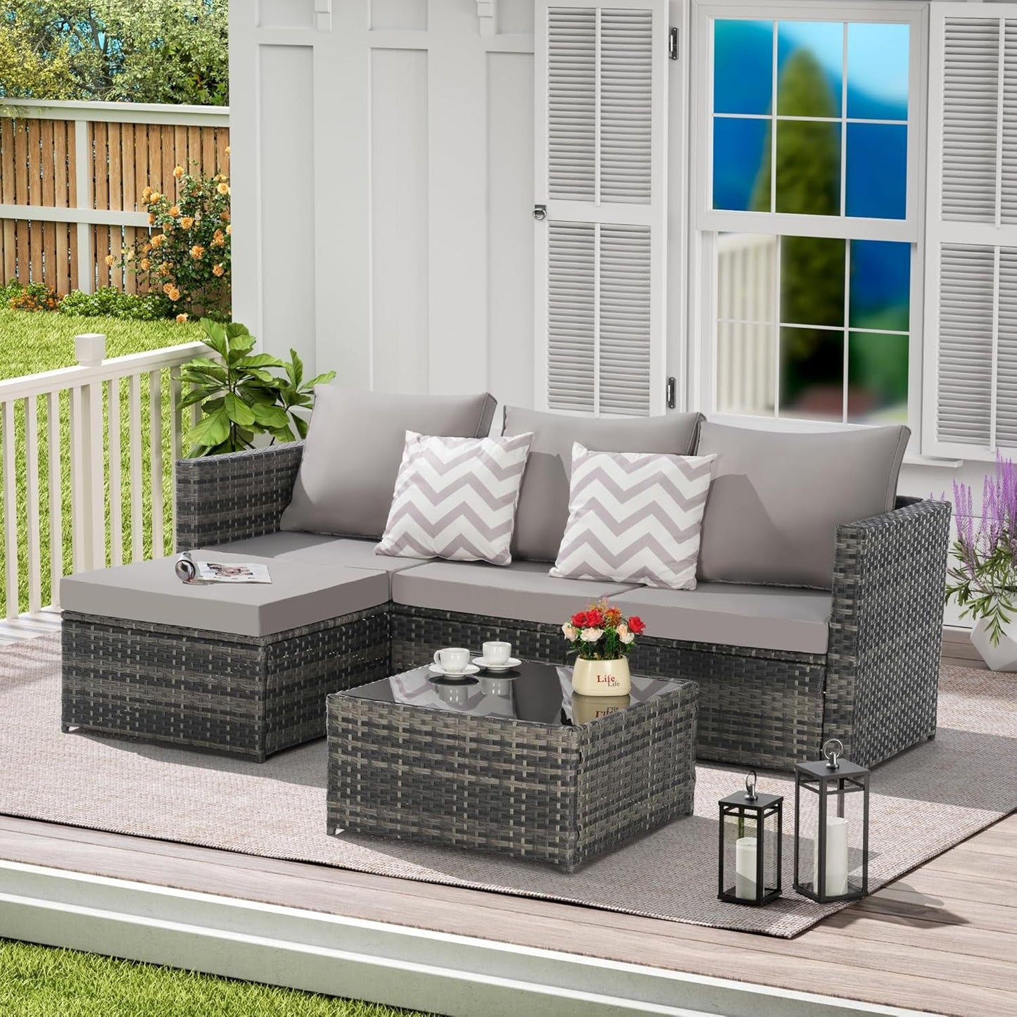 3 Pieces Patio Furniture Set All-Weather Outdoor Wicker Sectional Conversation Sofa Rattan Patio Sofa W/Cushion & Glass Table,Patio Conversation Set,Backyard Furniture for Porch (Light Gray)-0
