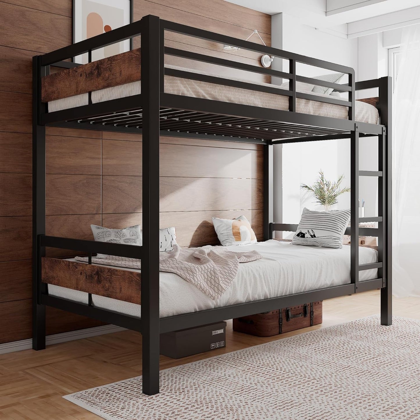 Bunk Bed Twin over Twin, Heavy Duty Metal Bed with Ladder and Full-Length Guardrail, Under-Bed Storage Space, No Box Spring Needed, Noise Free, Rustic Brown-0